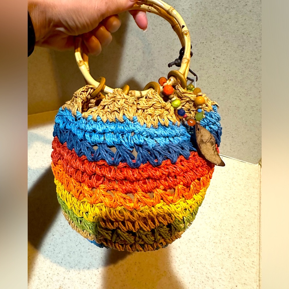 Cappelli Straworld Straw Satchel Bamboo Handle Multicolored Round purse. NWT